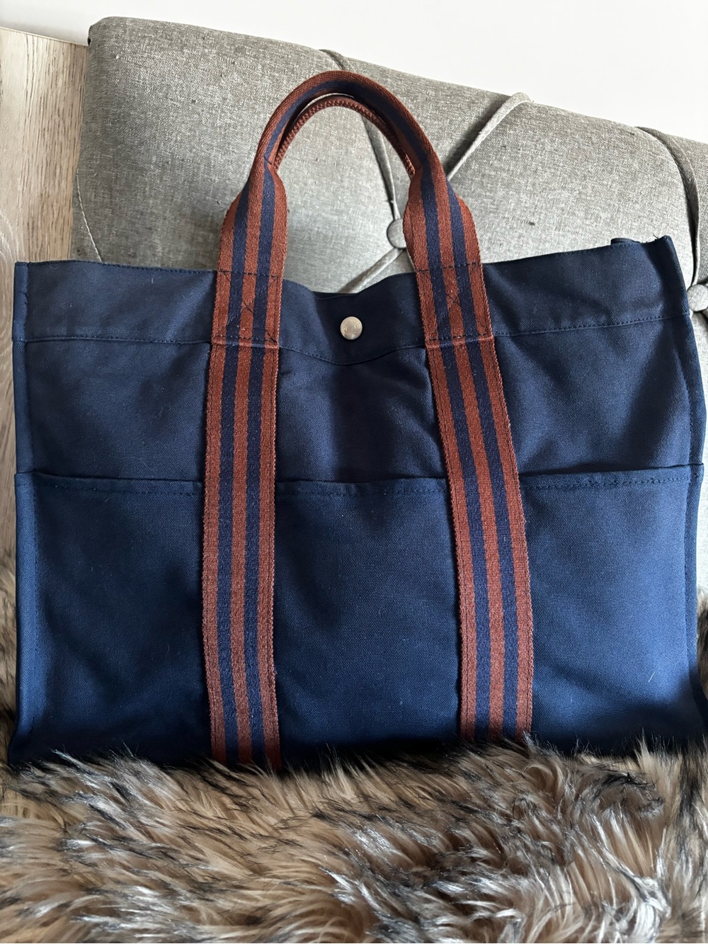Authentic!!Hermes Navy Canvas Tote Bag with Brown Striped Handles**SALE PRICE!!!